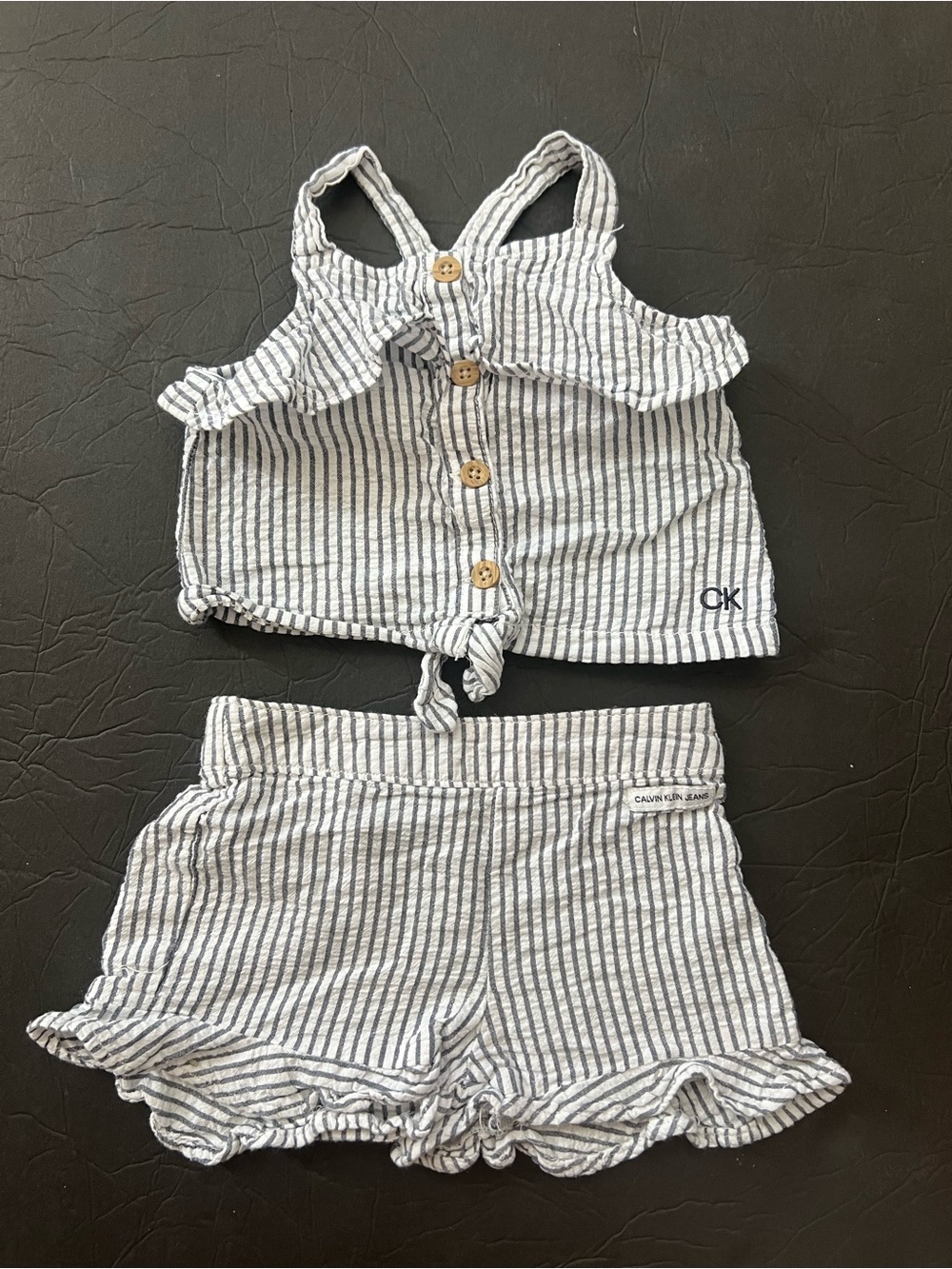Calvin Klein Jeans 2 Pcs Seersucker Tank Top Shorts Set Ruffle Toddler Grey 18m